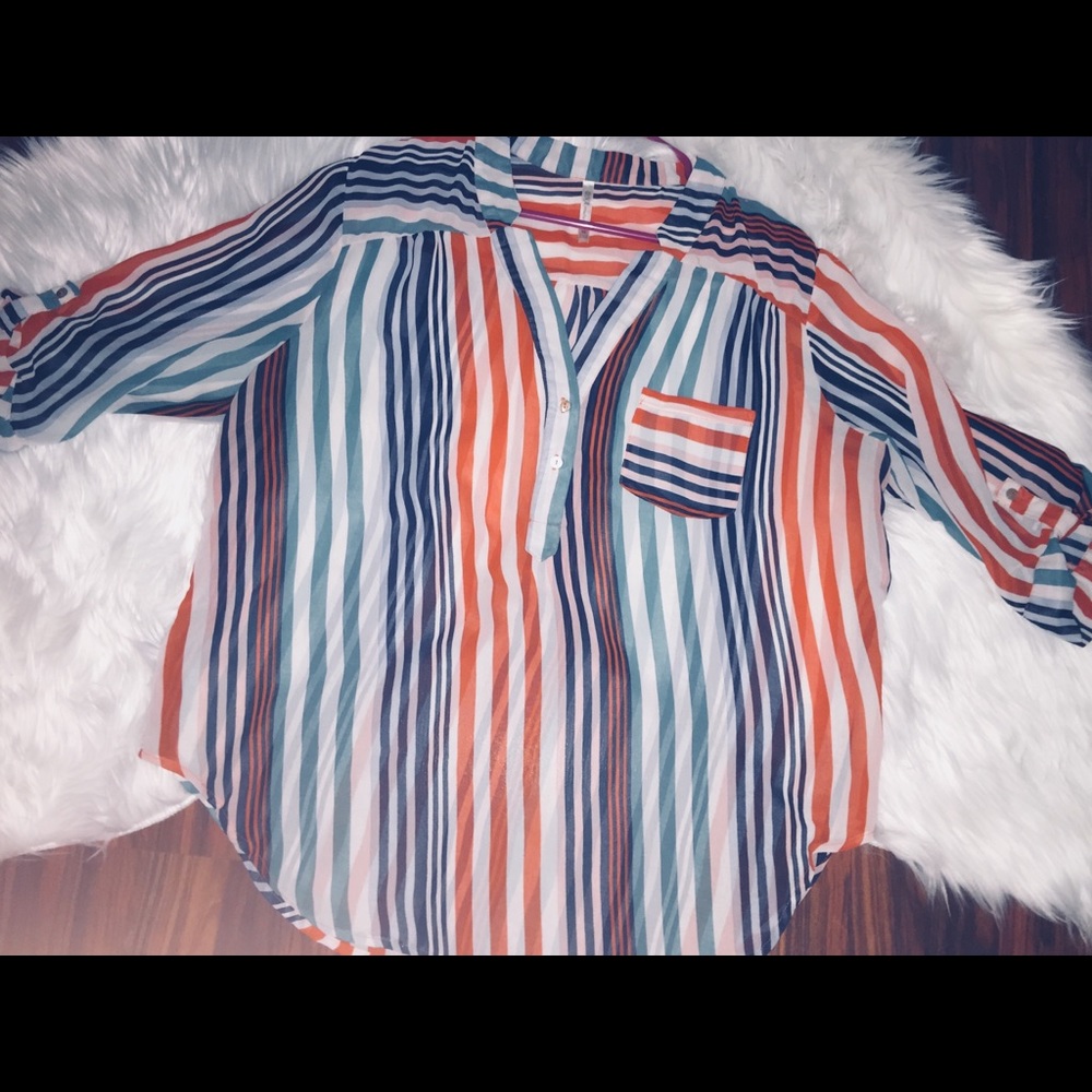Striped 3XL 3/4in sleeve chiffon sheer top
